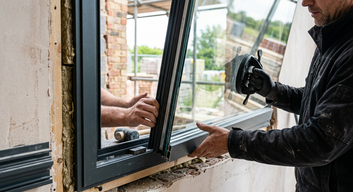 Monteur plaatst triple glas in een kozijn